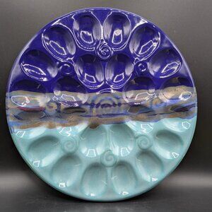 Handmade Poured Blue Glaze 24 Deviled Egg Plate Dish Ceramic Studio Pottery 12"